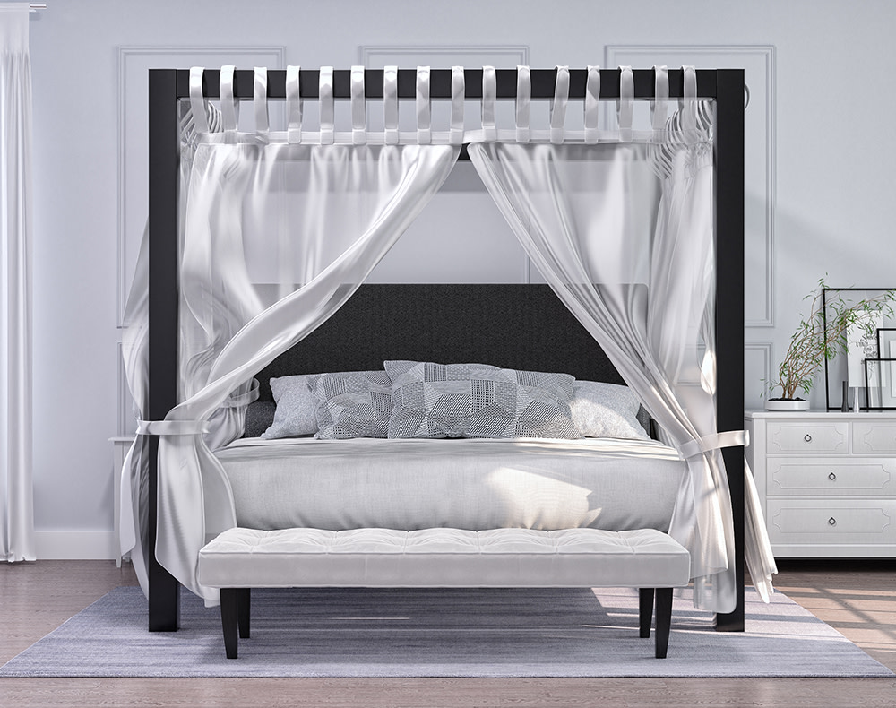 A charcoal Wyoming King size Canopy Bed with white drapes in a light, sparsely decorated but upscale bedroom.