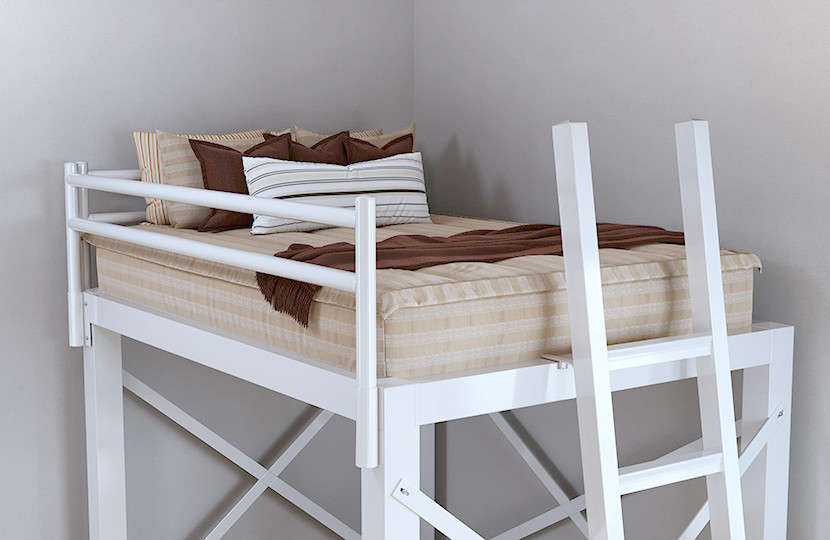 Davis-style (tan with white vertical stripes) zipper bedding covering the mattress on a white Queen Size Adult Loft Bed seen at a close angle from the right-hand corner.