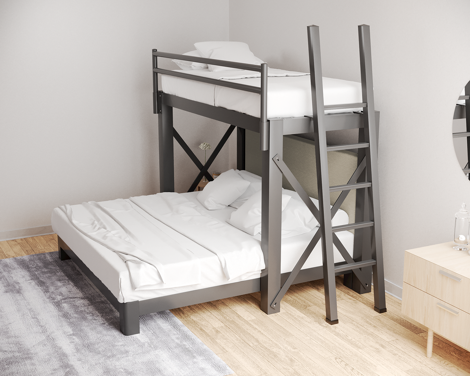 Twin Over King L Shaped Bunk Bed Charcoal Ladder Light Gray