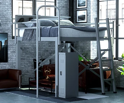A light gray king size Adult Loft Bed in a modern industrial style apartment seen directly from the lower right hand corner.