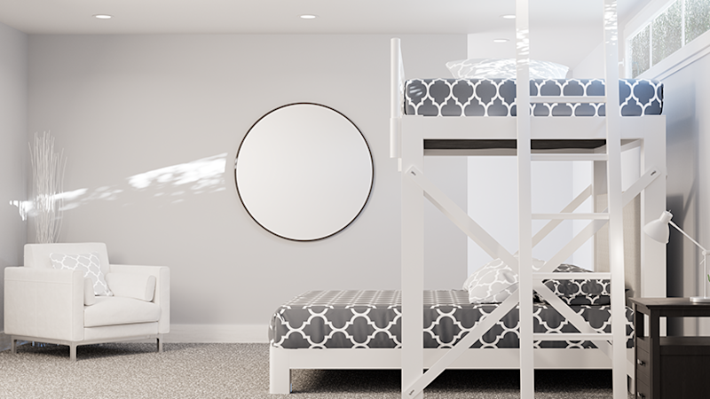 White L-Shaped Bunk Bed for Adults in a basement guest bedroom seen directly from the foot of the top bunk where the ladder rests against the bed frame.