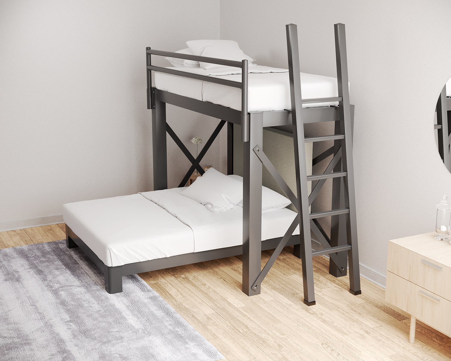 Twin Over Full L Shaped Bunk Bed Charcoal Ladder Light Gray