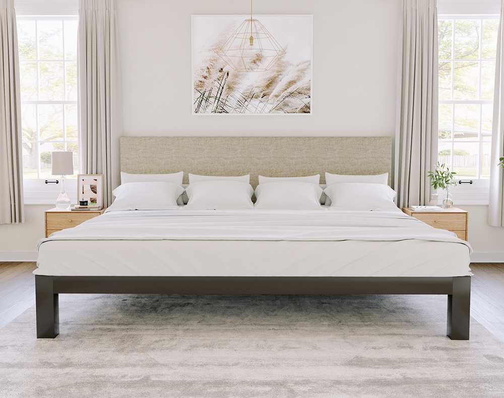 Charcoal Alaskan King Platform Bed with an oatmeal headboard in a neutral upscale master bedroom seen directly from the foot of the bed.
