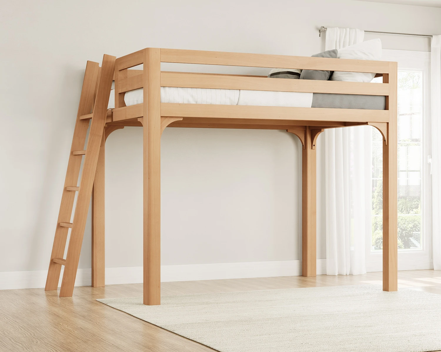 Queen Wood Loft Bed Natural Ladder
