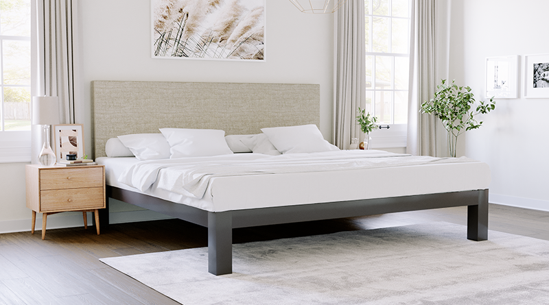 Charcoal Alberta King Platform Bed with an oatmeal headboard in a neutral upscale master bedroom seen from the lower right-hand corner of the bed.