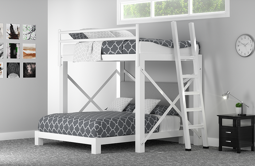 A white Full Over Queen L-Shaped Bunk Bed with light gray bedding in a basement guest room with gray walls. Seen from the bottom right corner of the bottom bunk.