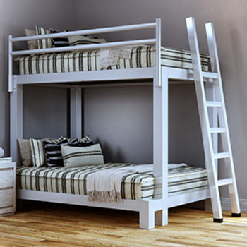 Ashton-style (off-white with grayish brown lines) zipper bedding on a white Full XL Over Queen Adult Bunk Bed seen at a distance from the lower right-hand corner.