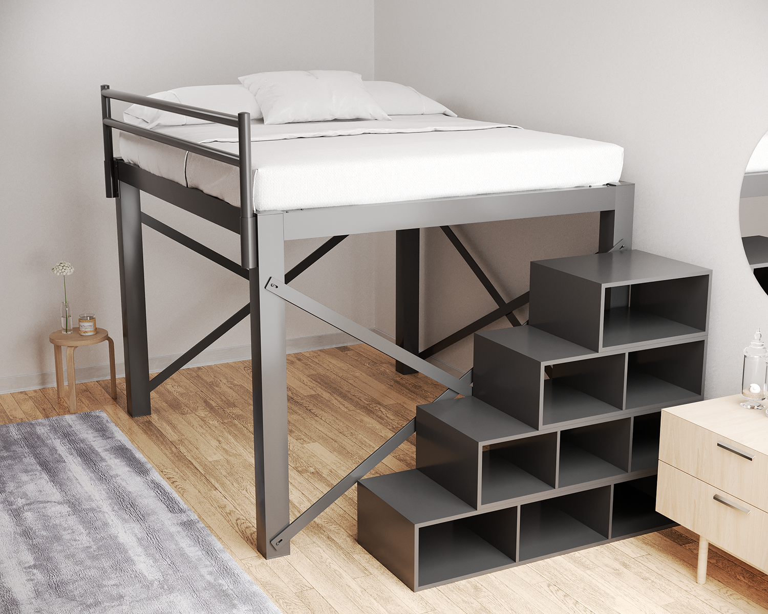 King Loft Bed Charcoal Staircase