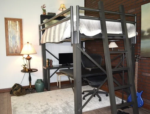 A charcoal Adult Loft Bed in an urban apartment seen from the front corner