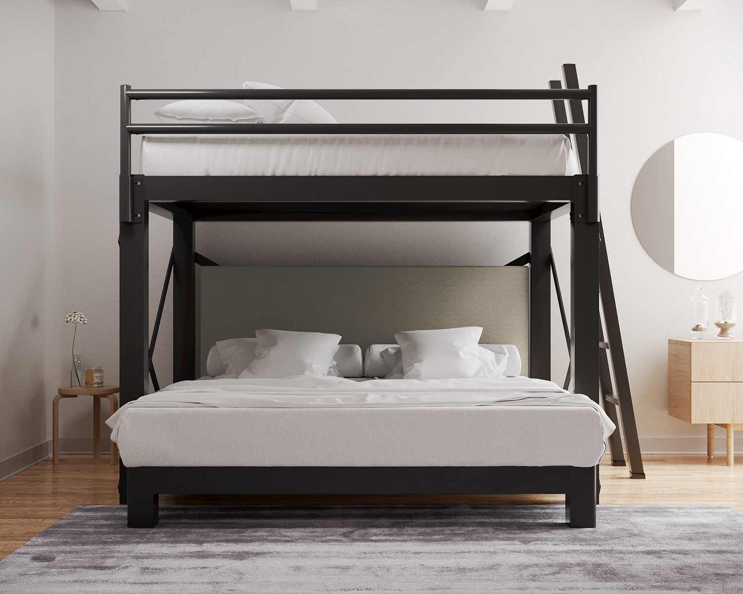 Queen Over King L Shaped Bunk Bed Charcoal Ladder Light Gray