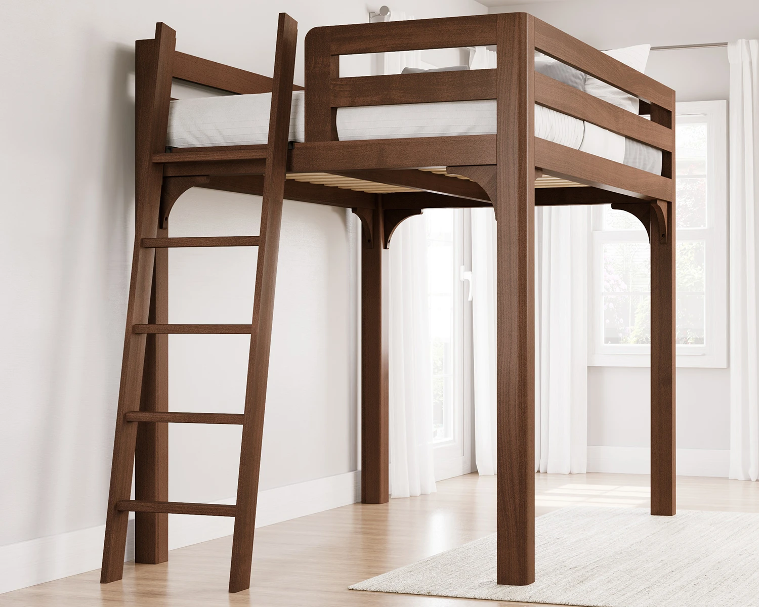 Queen Wood Loft Bed Walnut Ladder