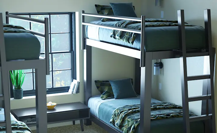 Two Charcoal Twin Over Twin Bunk Beds for adults in a neutral designed nice, bare room. Seen from the front of the left-hand bed focused on the lower right-hand corner of the bed on the right.