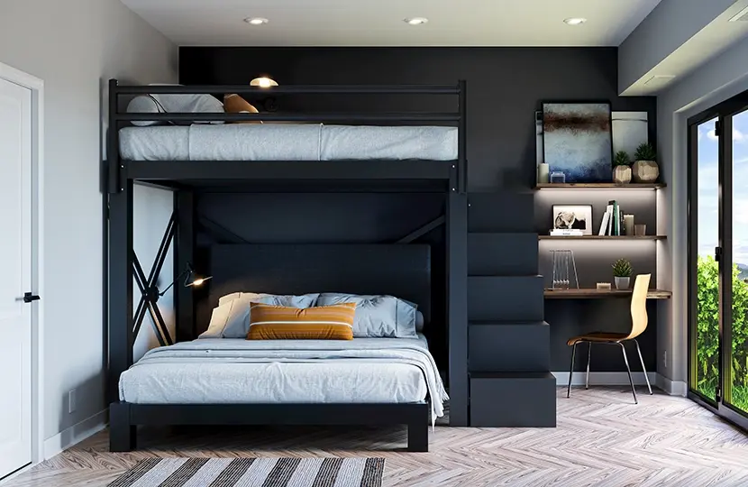 A black Full Over Queen size L-Shaped Bunk Bed for adults with a matching wooden staircase in a nice, upscale guest room. Seen from directly at the foot of the bottom bunk, with the top bunk turned to see the right-hand side of the bed with the guardrail.