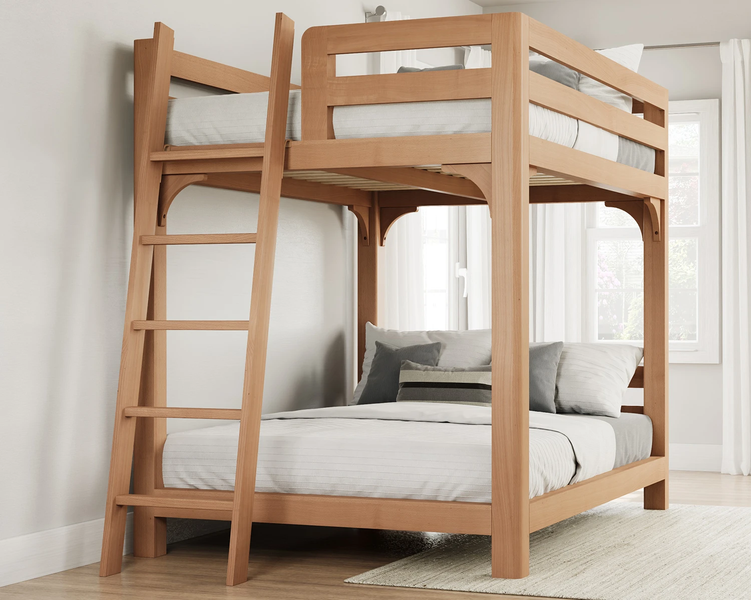 Queen Wood Bunk Bed Natural Ladder