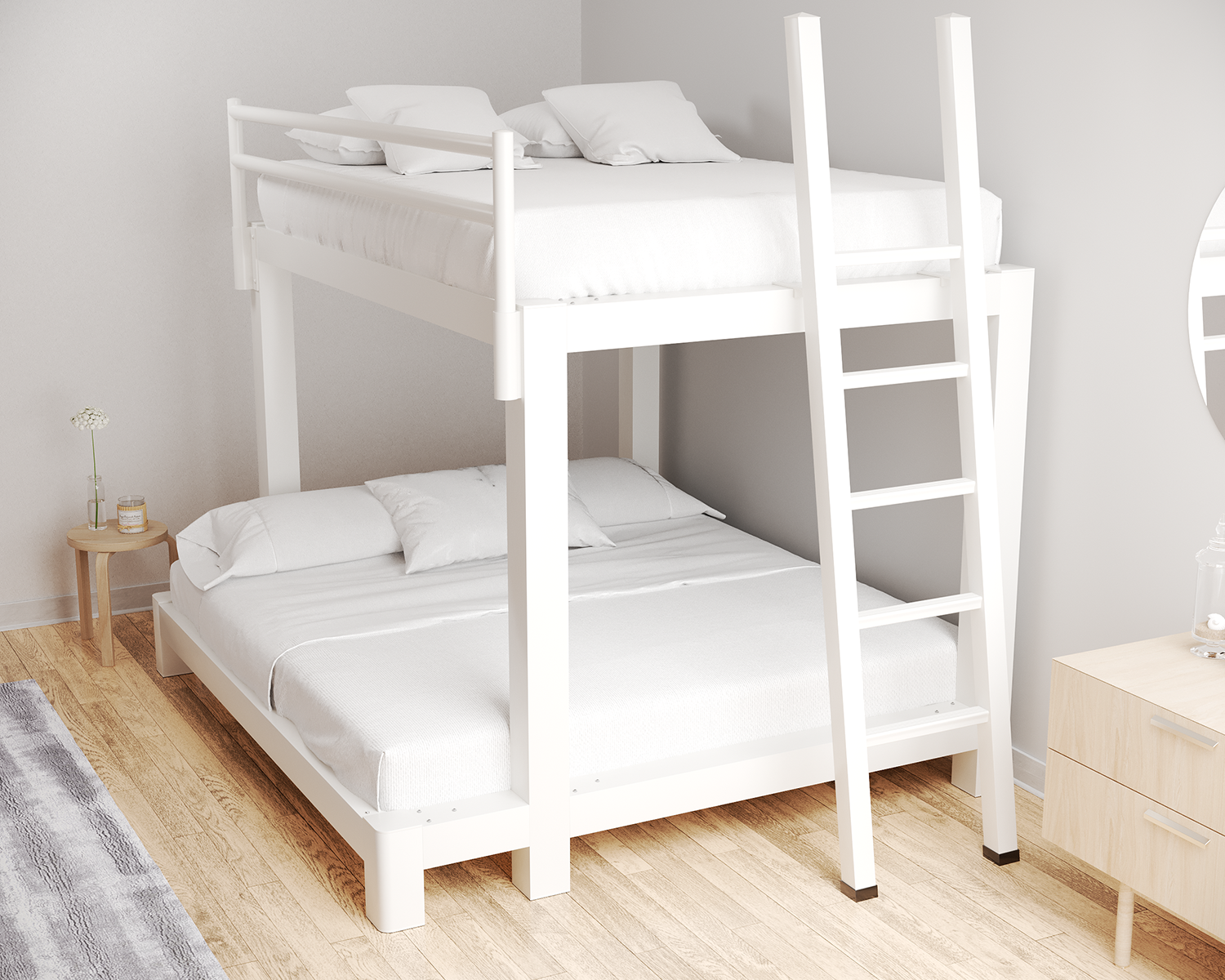 Queen Over King Bunk Bed White Ladder