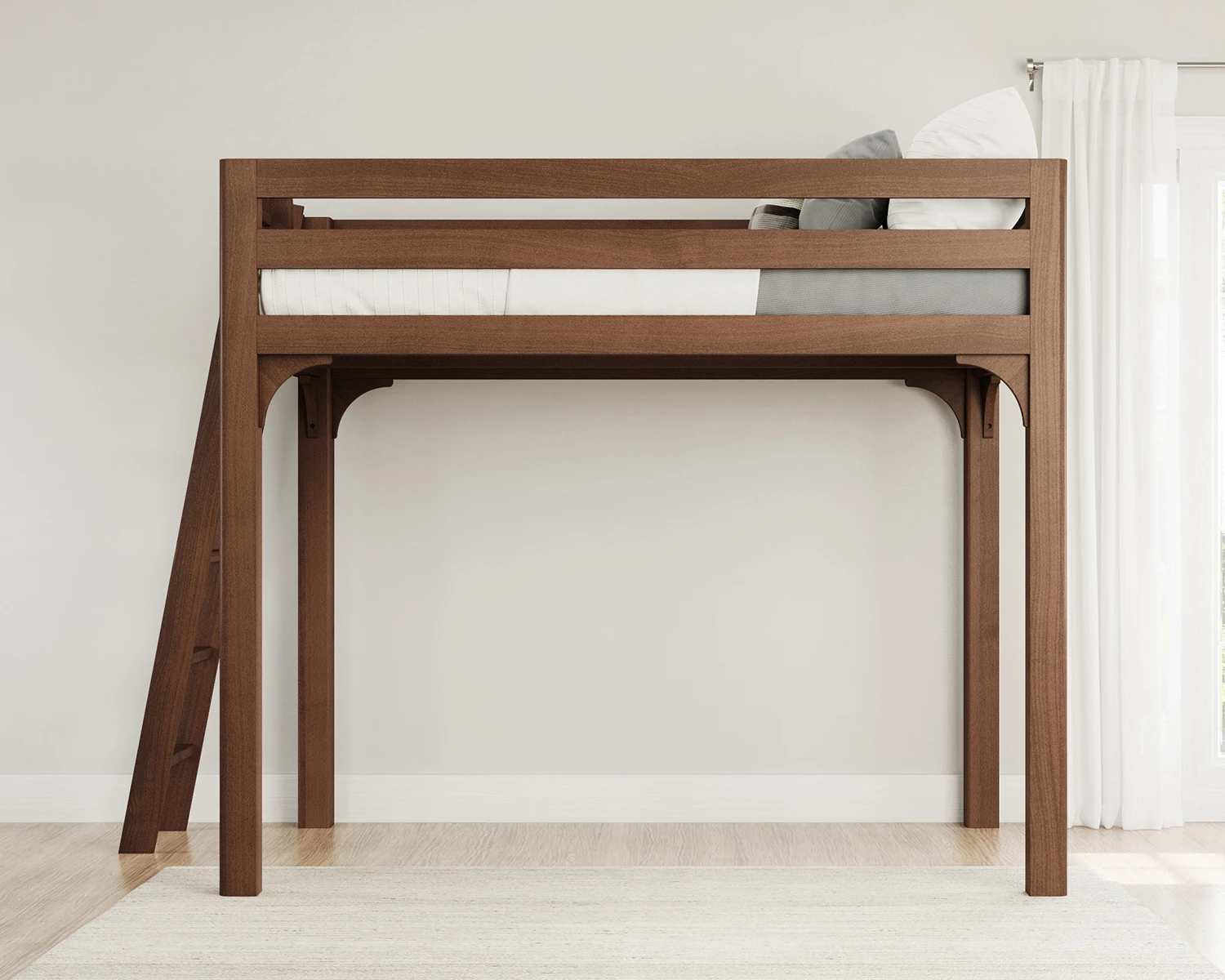 Queen Wood Loft Bed Walnut Ladder