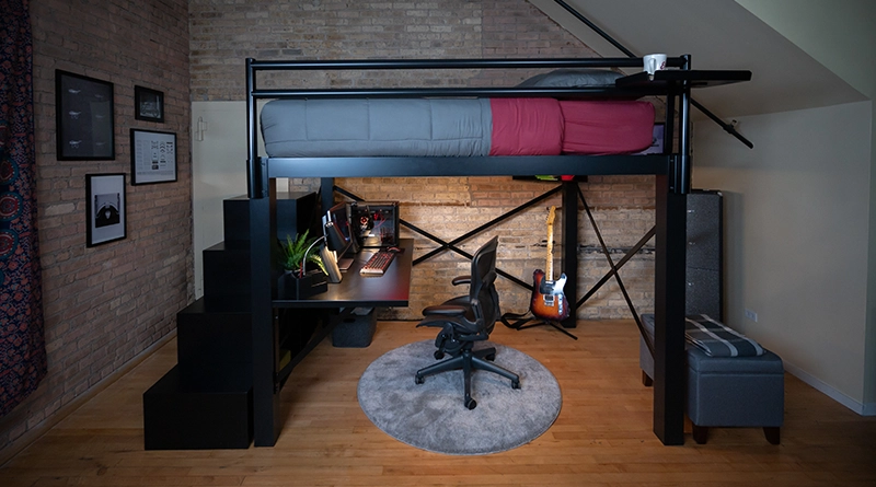 Black Queen Loft Bed in Studio Apartment Seen from Right Side - 800x445