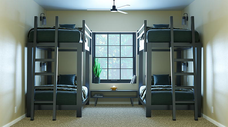 Two Charcoal Twin Over Twin Bunk Beds for adults in a neutral designed nice, bare room. Seen directly from the foot of both beds at a slight distance. 800x445