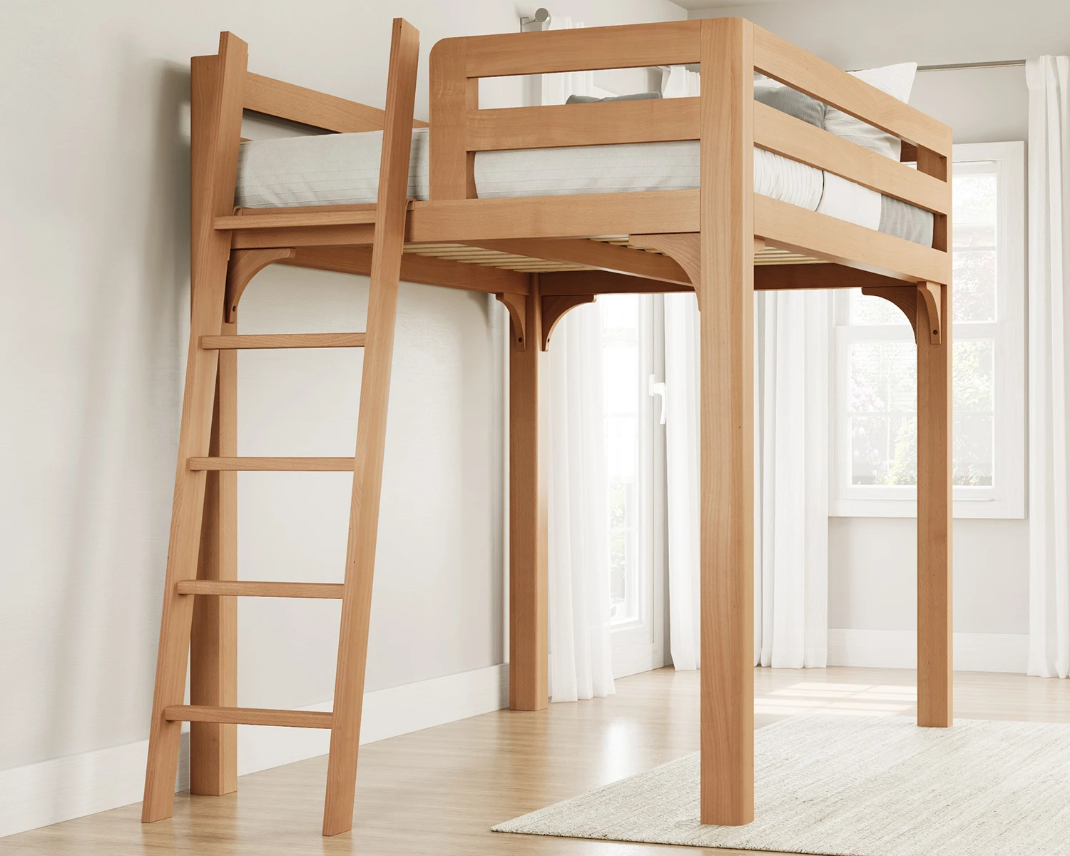 Queen Wood Loft Bed Natural Ladder