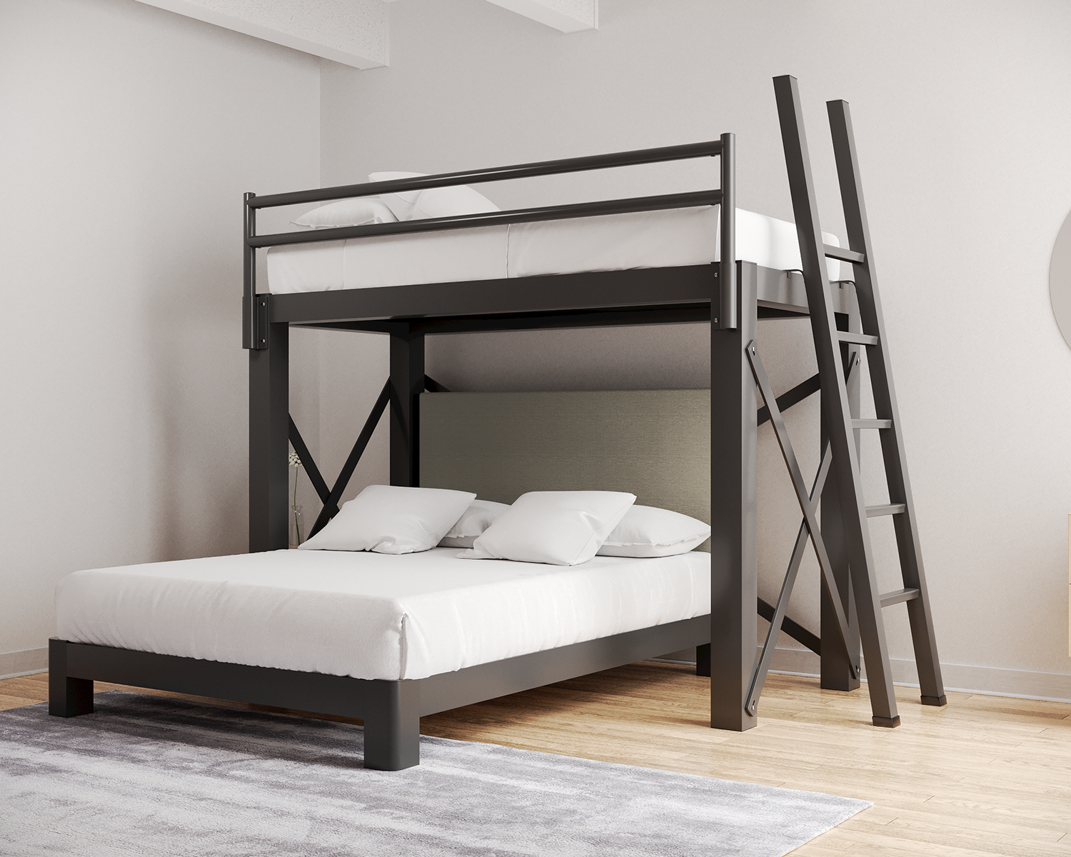 Twin Over Queen L Shaped Bunk Bed Charcoal Ladder Light Gray