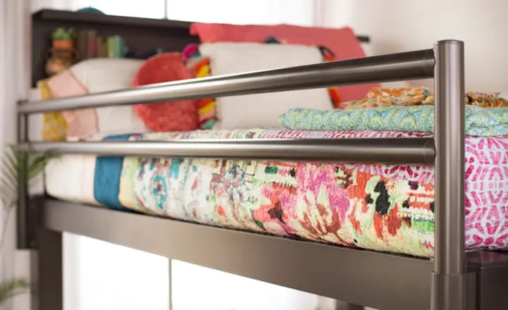 A close up shot of the side rail on the top bunk of a charcoal Adult Bunk Bed.