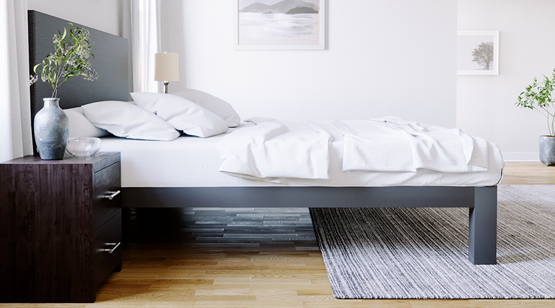 Charcoal Alberta King Platform Bed with a charcoal headboard in a neutral upscale master bedroom seen directly from right-hand side of the bed.