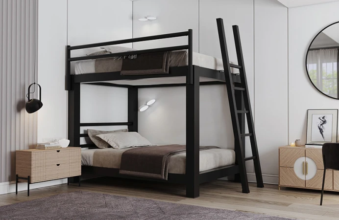 Black Full Over Full Bunk Bed for Adults in a very nice upscale bedroom seen from the lower right-hand corner of the bed.