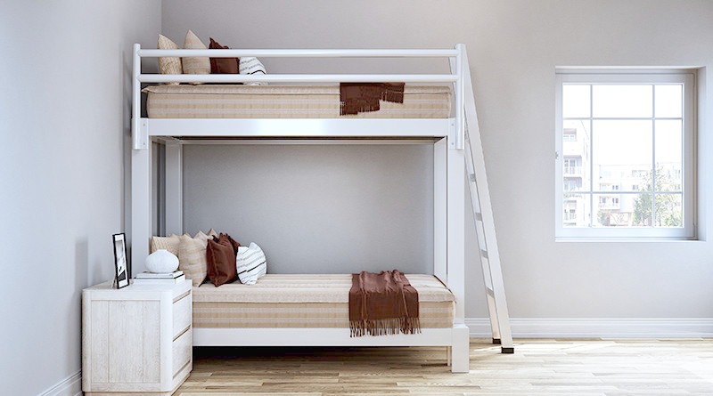 Davis-style (tan with white vertical stripes) on both bunks of a white Full XL Over Queen Adult Bunk Bed seen from a distance directly from the side.