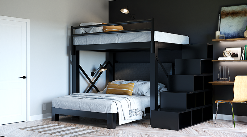 Black L-Shaped Bunk Bed for adults with storage stairs in a high-end guest bedroom seen from the lower left-hand corner of the bottom bunk at a slight distance.