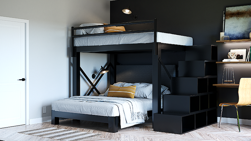 Black L-Shaped Bunk Bed for adults with storage stairs in a high-end guest bedroom seen from the lower left-hand corner of the bottom bunk at a slight distance.