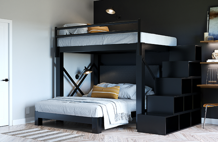 Black L-Shaped Bunk Bed for adults with storage stairs in a high-end guest bedroom seen from the lower left-hand corner of the bottom bunk at a slight distance.