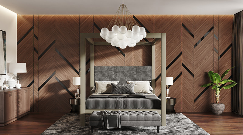 A light bronze California king size metal canopy bed in a large and opulent master bedroom with stylized brown walls seen directly from the foot of the bed.