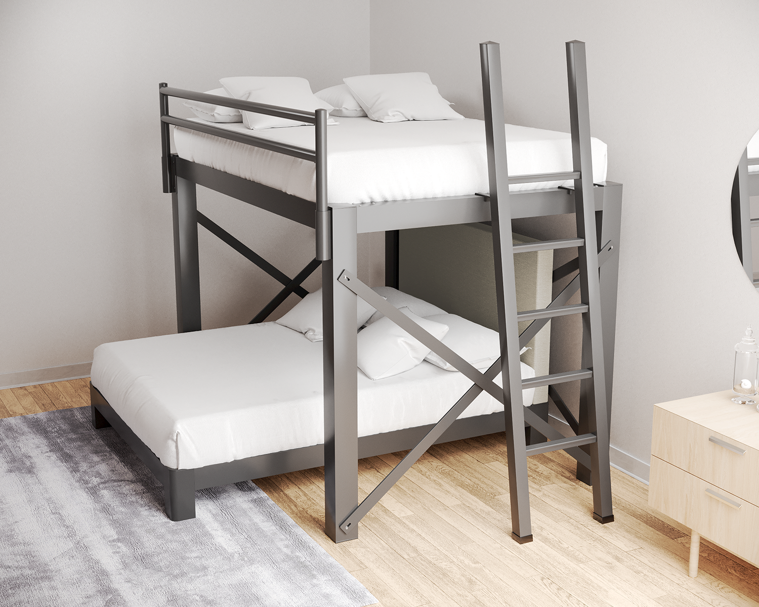 Queen L Shaped Bunk Bed Charcoal Ladder Light Gray