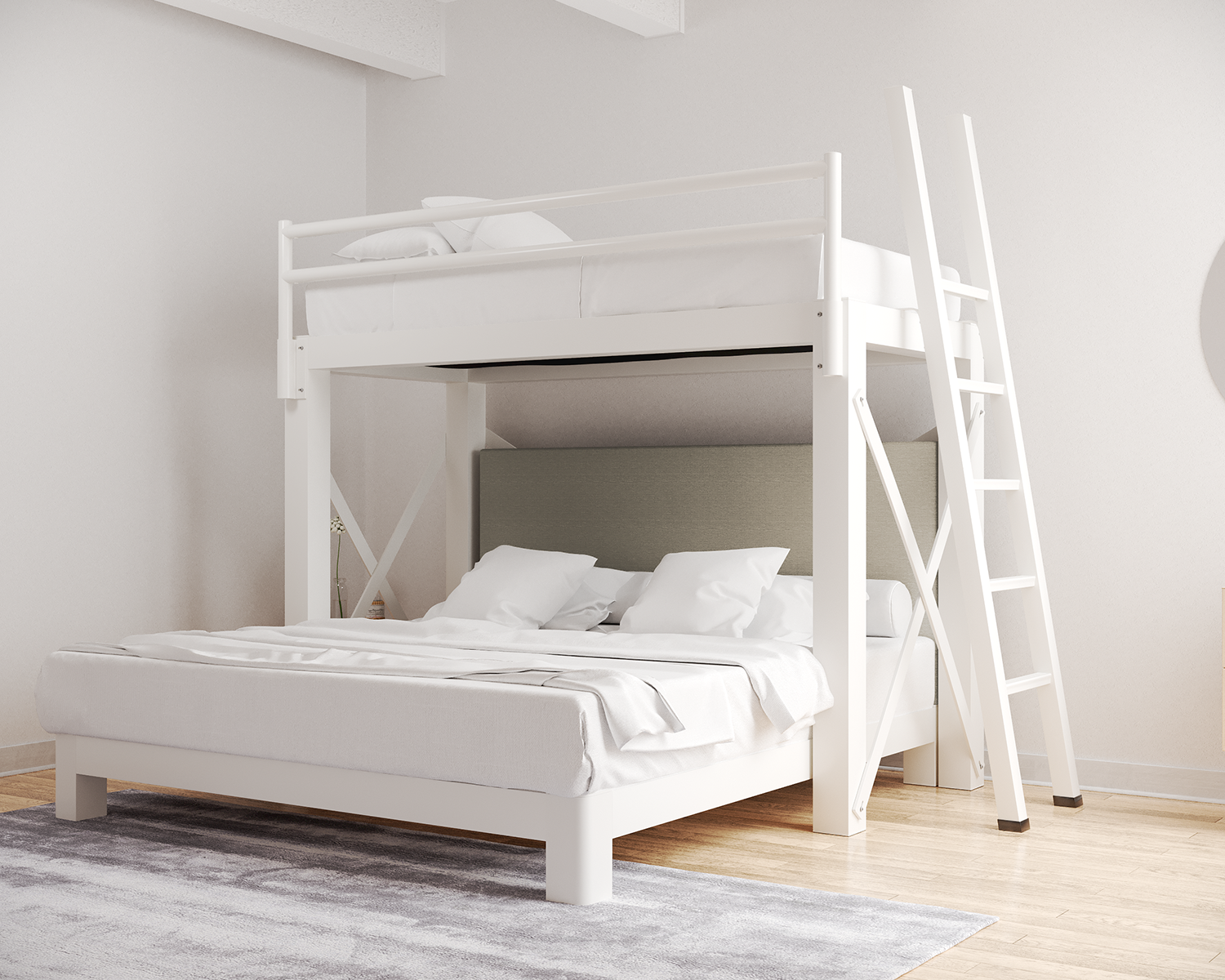 Twin Over King L Shaped Bunk Bed White Ladder Light Gray
