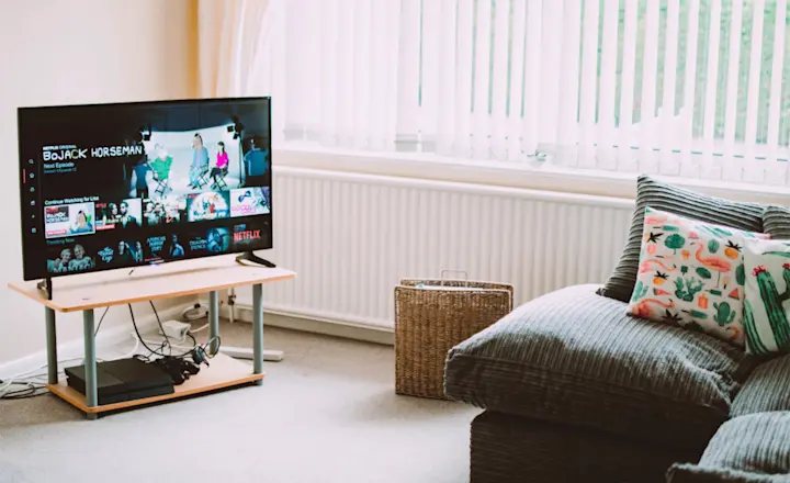 A cozy living room with a gray sofa featuring colorful throw pillows. A flat-screen TV on a wooden stand displays the Netflix interface. A basket sits beside the TV stand. Sunlight streams through vertical blinds on the window.