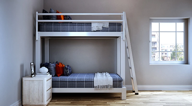 Blair-style (grayish blue with white stripes) on both bunks of a white Full XL Over Queen Adult Bunk Bed seen from a distance directly from the side.