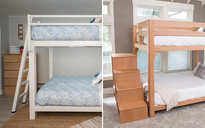 White aluminum bunk bed beside a solid European beech bunk bed for adults