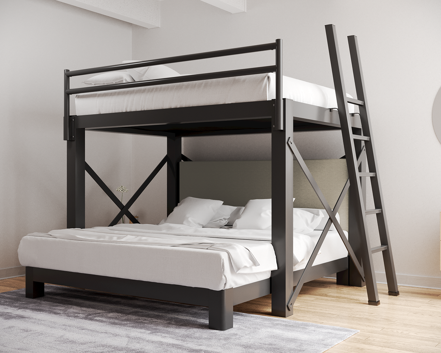 Queen Over King L Shaped Bunk Bed Charcoal Ladder Light Gray