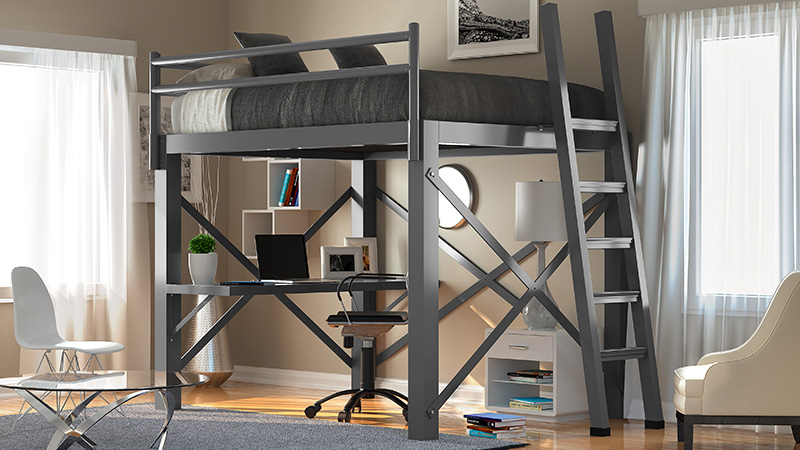 Charcoal Full Size Adult Loft Bed with an attached desk set up as a home office in a nice, neutral home office - 800x450