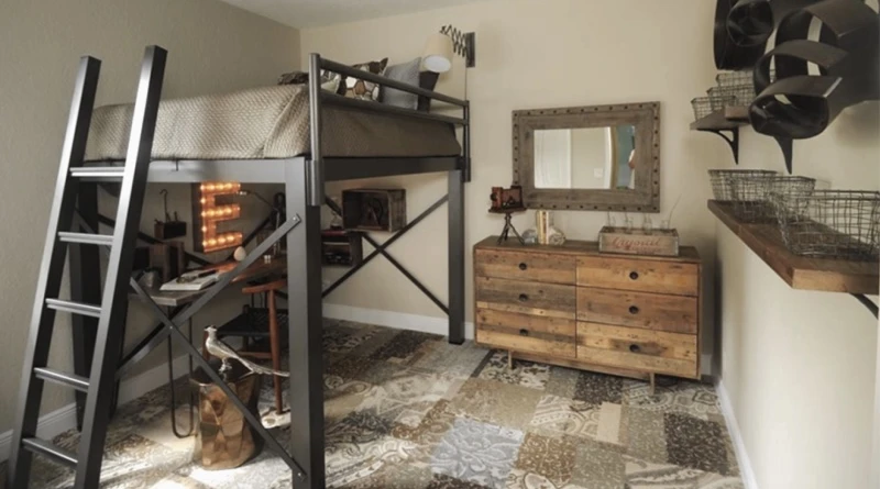 A charcoal Queen Adult Loft Bed in a room with rustic decor