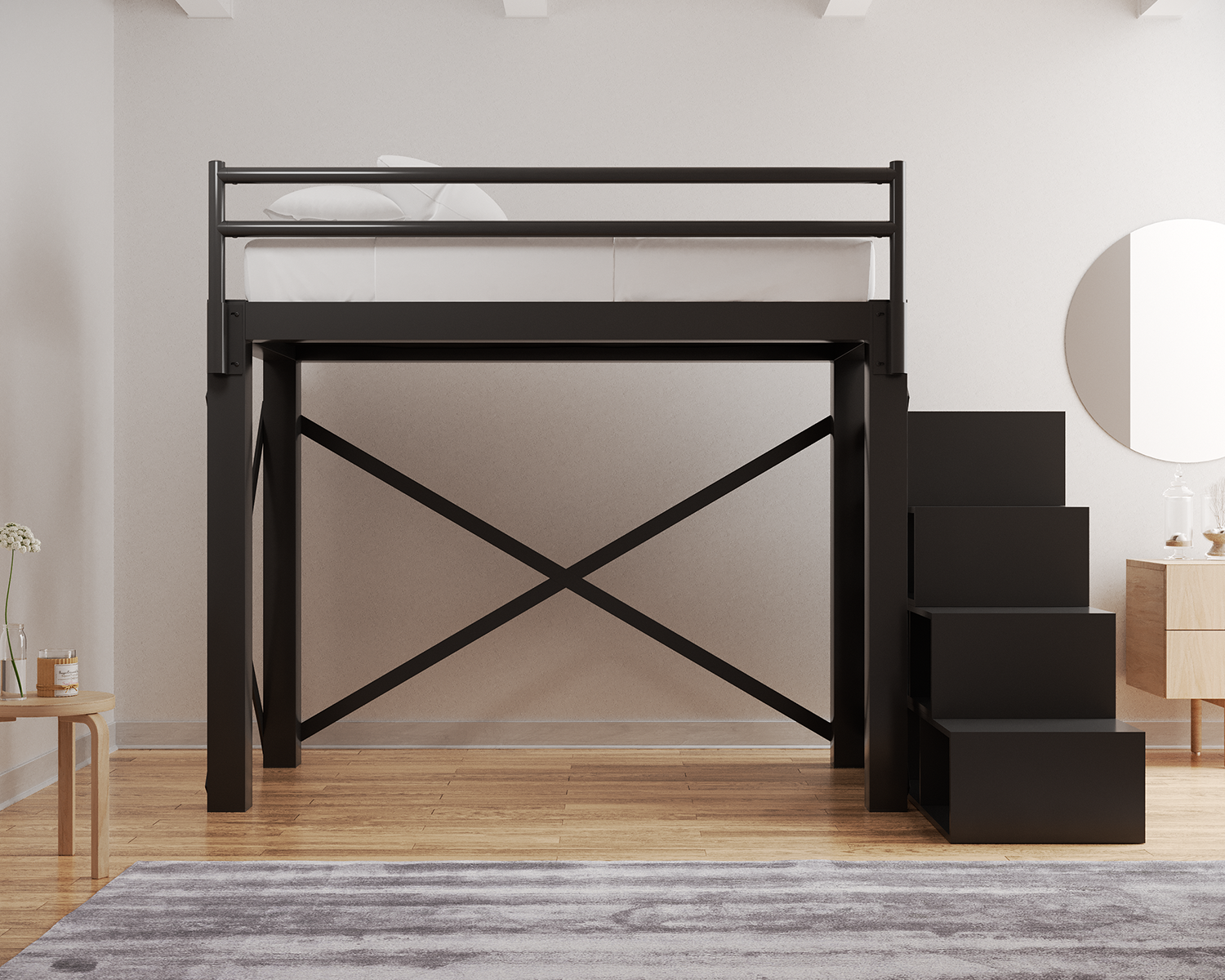 Twin Loft Bed Charcoal Staircase