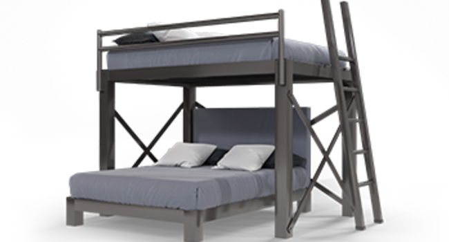 A charcoal Queen Over Queen L-Shaped Bunk Bed