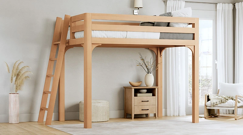 Light colored queen size Wood Loft Bed for Adults in a nice, light upscale bedroom with a lot of natural light covered in white and light gray bedding and seen from the left side of the bed at a slight angle toward the foot of the bed.
