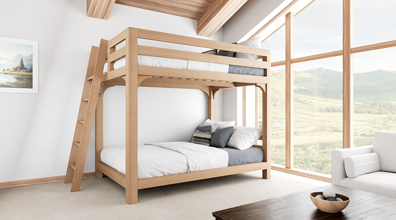 Wood Bunk Bed for Adults in a bright, open bedroom in an upscale cabin with a big window behind it seen from the left-hand side of the bed at a slight angle toward the foot of the bed.