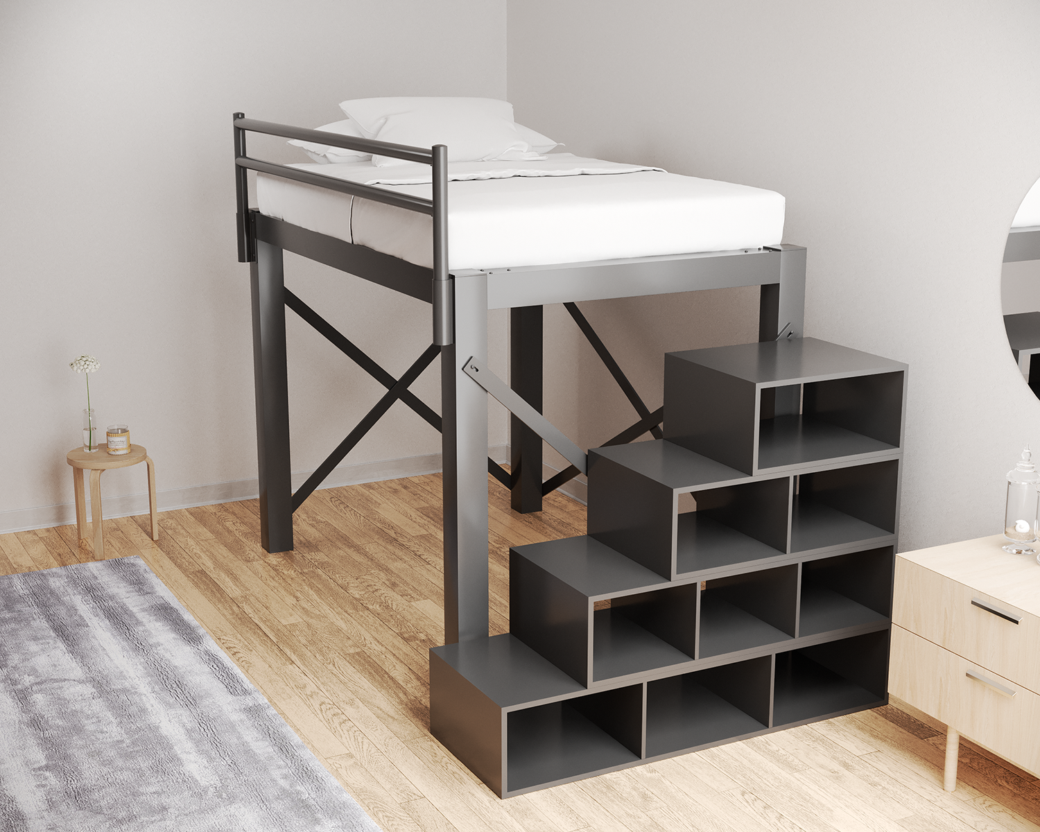 Full Loft Bed Charcoal Staircase