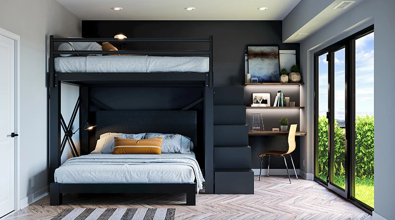 A black Full Over Queen size L-Shaped Bunk Bed for adults with a matching wooden staircase in a nice, upscale guest room. Seen from directly at the foot of the bottom bunk, with the top bunk turned to see the right-hand side of the bed with the guardrail.