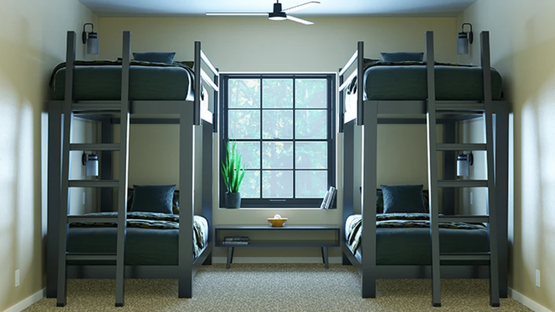 Two charcoal Adult Bunk Beds in a sparsely decorated guest room space side-by-side seen from a distance at the foot of each bed
