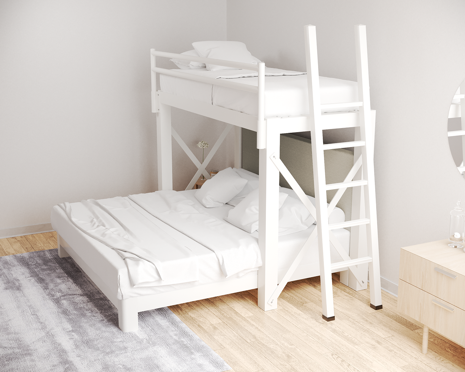 Twin Over King L Shaped Bunk Bed White Ladder Light Gray