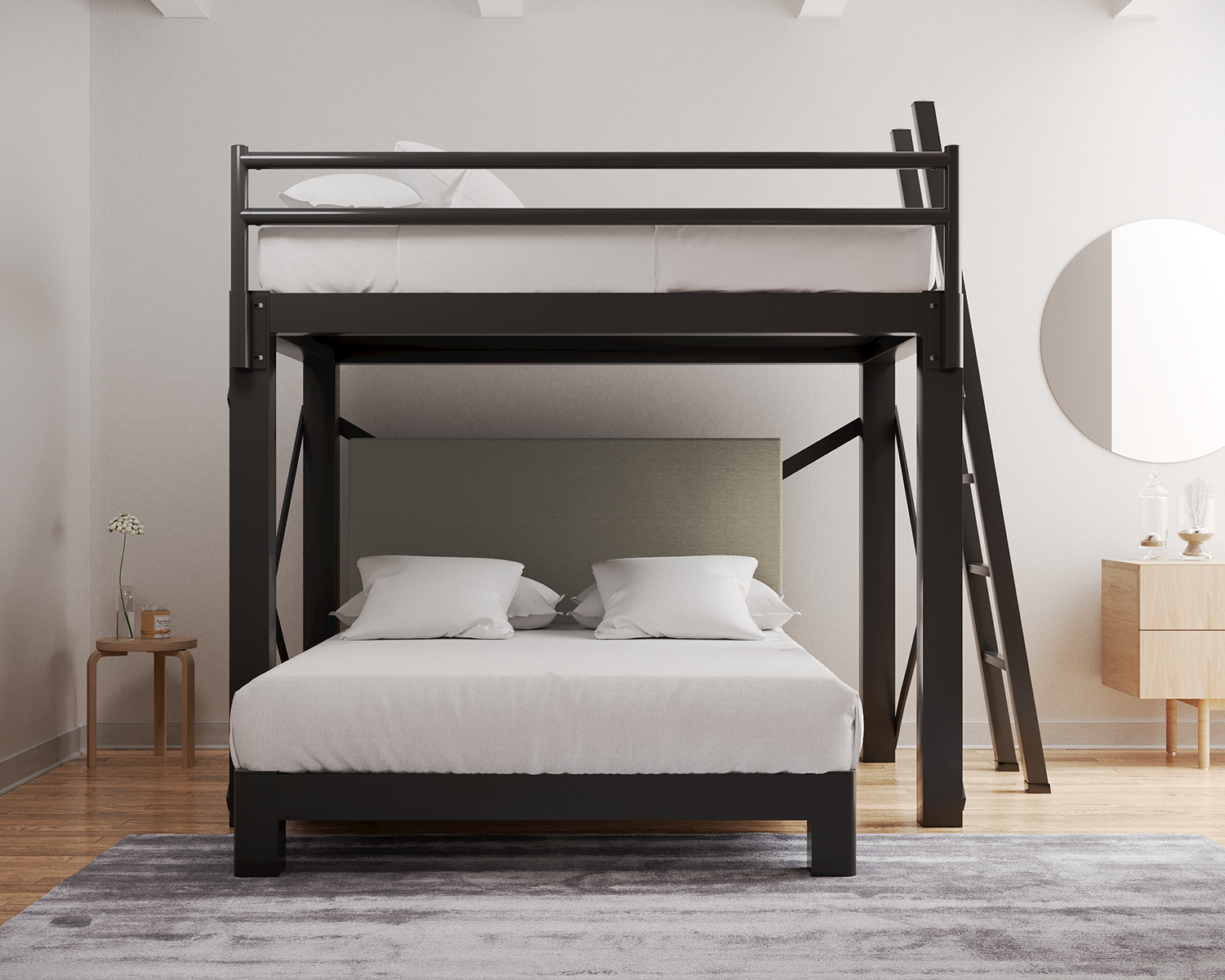 Full Over Queen L Shaped Bunk Bed Charcoal Ladder Light Gray