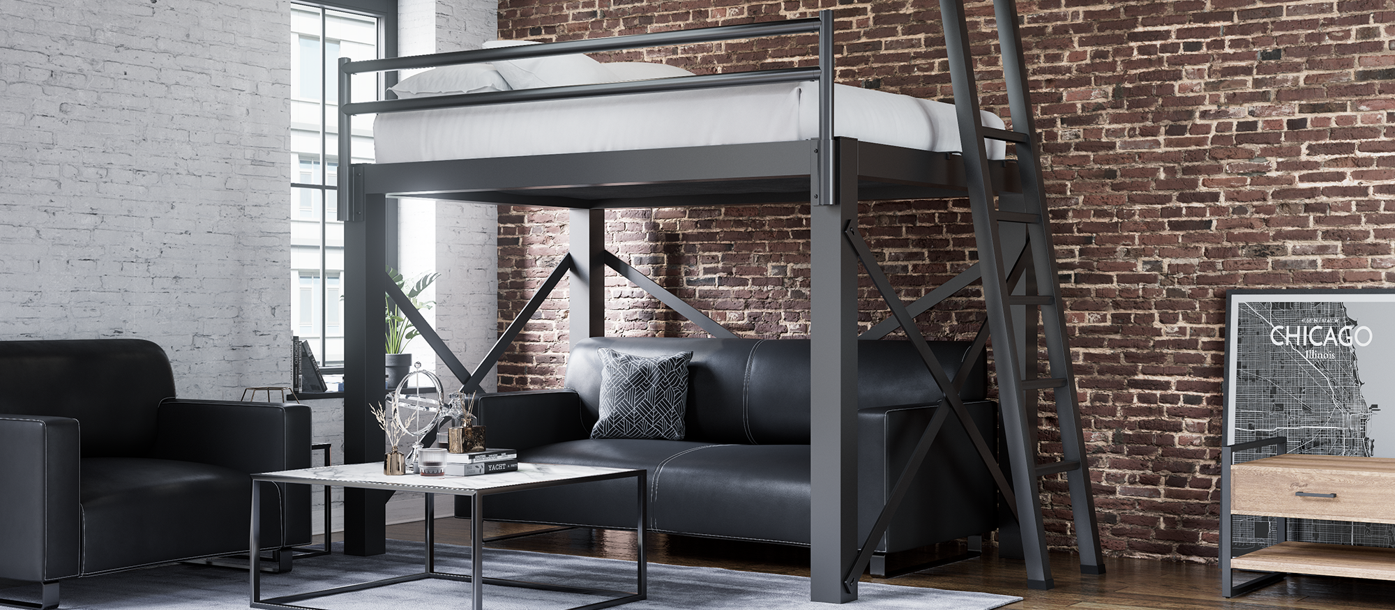 Charcoal Queen Loft Bed for Adults in an upscale urban apartment with exposed brick walls and a nice leather loveseat under the bed frame seen from a slight angle at the right-hand side of the bed.